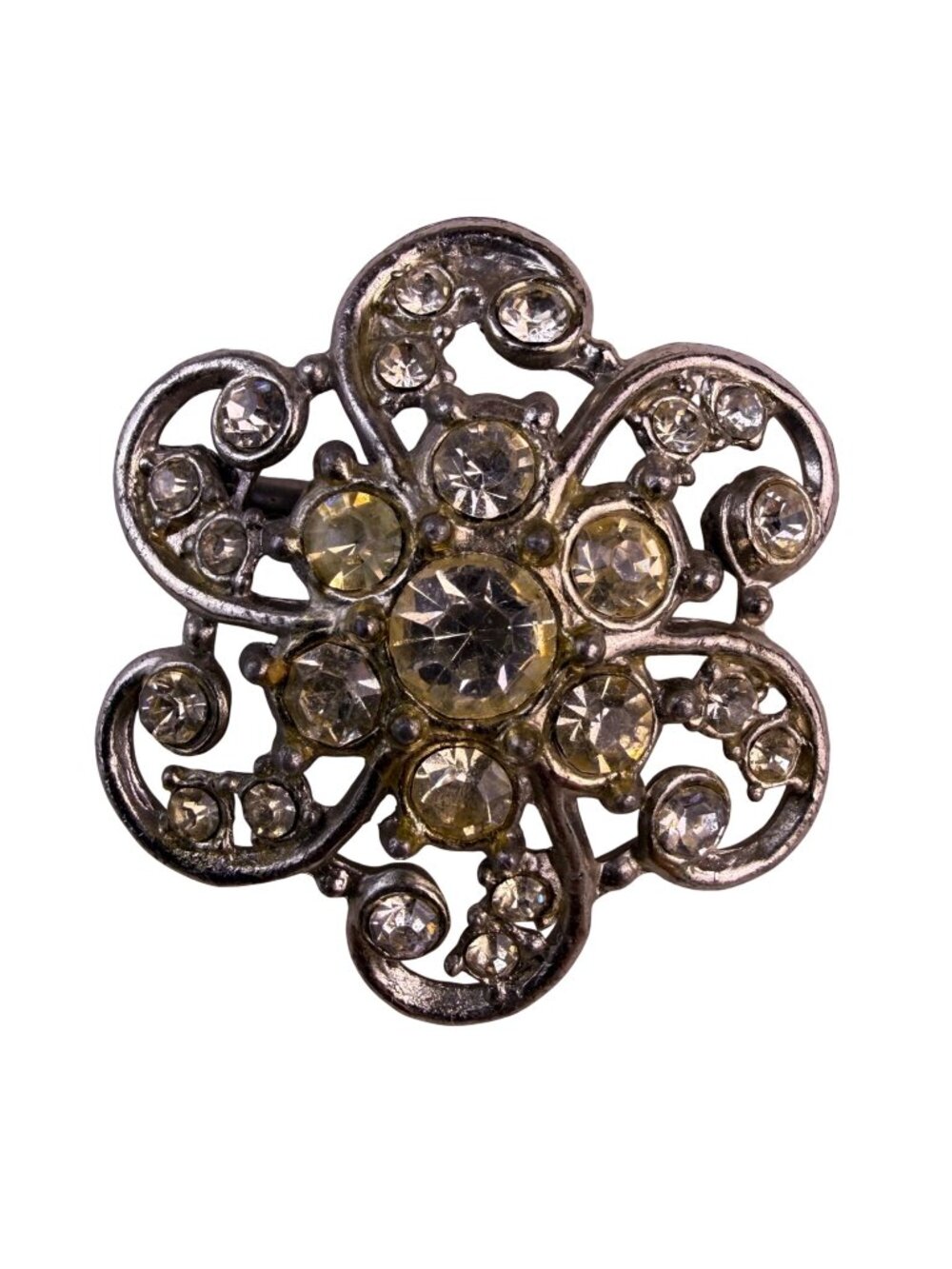 Vintage Unknown Silver Tone Floral Rhinestone Brooch Pin Jewelry